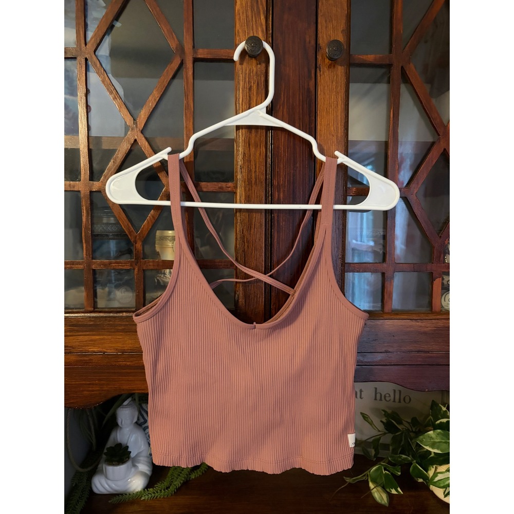 Vuori Crop Bra Tank Top Rose Mauve Ribbed Strappy Back VW189 Womens Medium - Picture 2 of 7